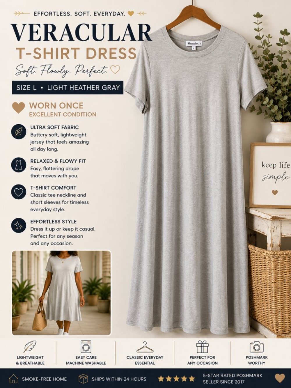 Gray Flowy T-Shirt Midi Dress Size L Soft Relaxed Casual